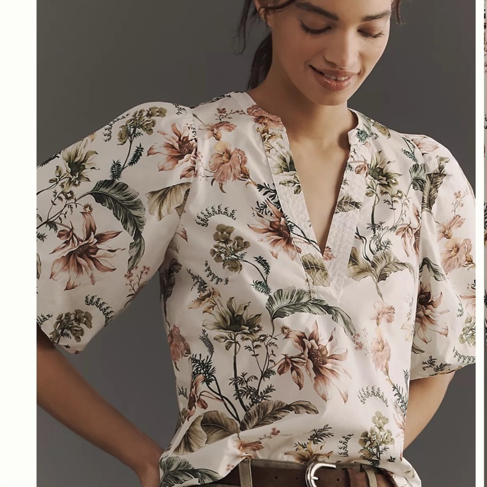 Anthropologie Cream Puff Sleeve Blouse with Mandarin Collar